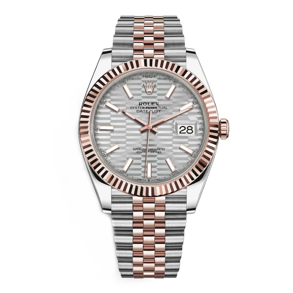 2024 Never Worn Rolex Datejust 41mm - Ref: 126331 - Silver Fluted Motif Dial Two Tone Stainless Steel & 18K Rose Gold Jubilee Bracelet Men's Watch