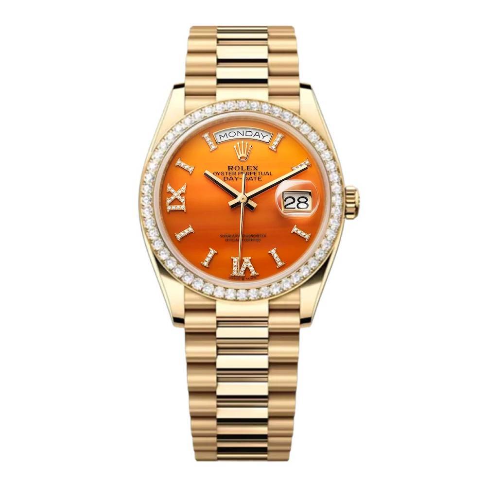 2024 Release Rolex Datejust 36mm - Ref: 128348rbr-0049 - Carnelian Orange Roman Diamond & Diamond Bezel, 18K Yellow Gold Presidential Bracelet Watch