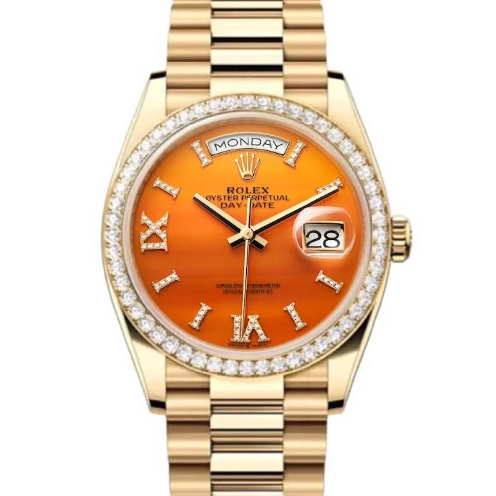 2024 Release Rolex Datejust 36mm - Ref: 128348rbr-0049 - Carnelian Orange Roman Diamond & Diamond Bezel, 18K Yellow Gold Presidential Bracelet Watch