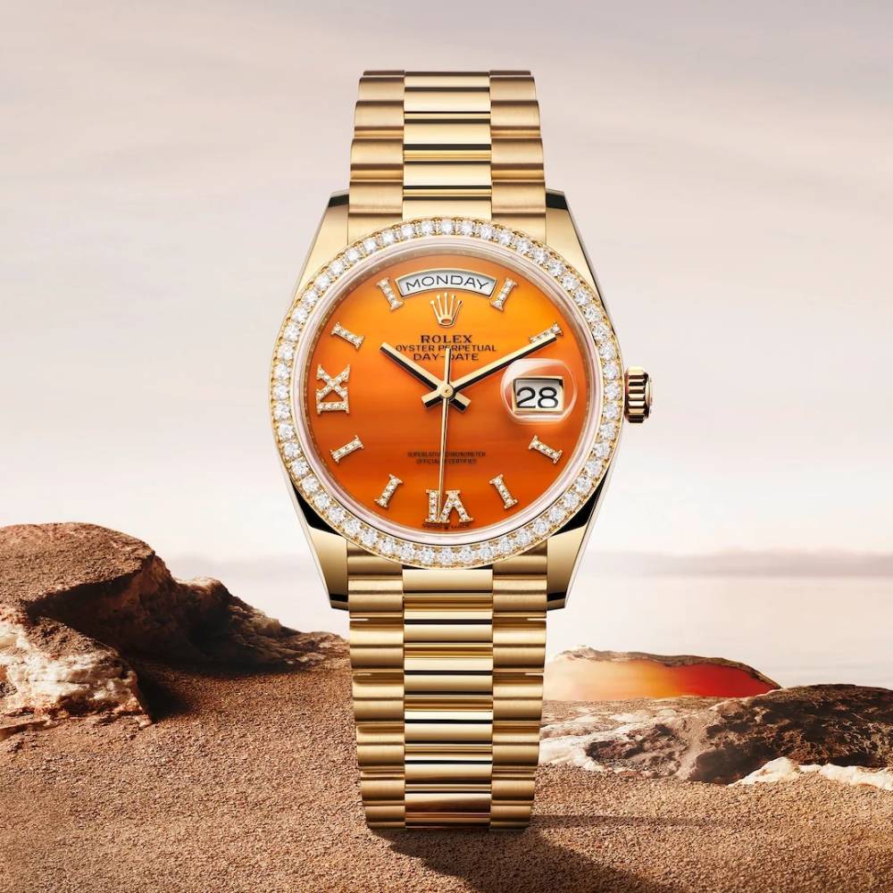 2024 Release Rolex Datejust 36mm - Ref: 128348rbr-0049 - Carnelian Orange Roman Diamond & Diamond Bezel, 18K Yellow Gold Presidential Bracelet Watch