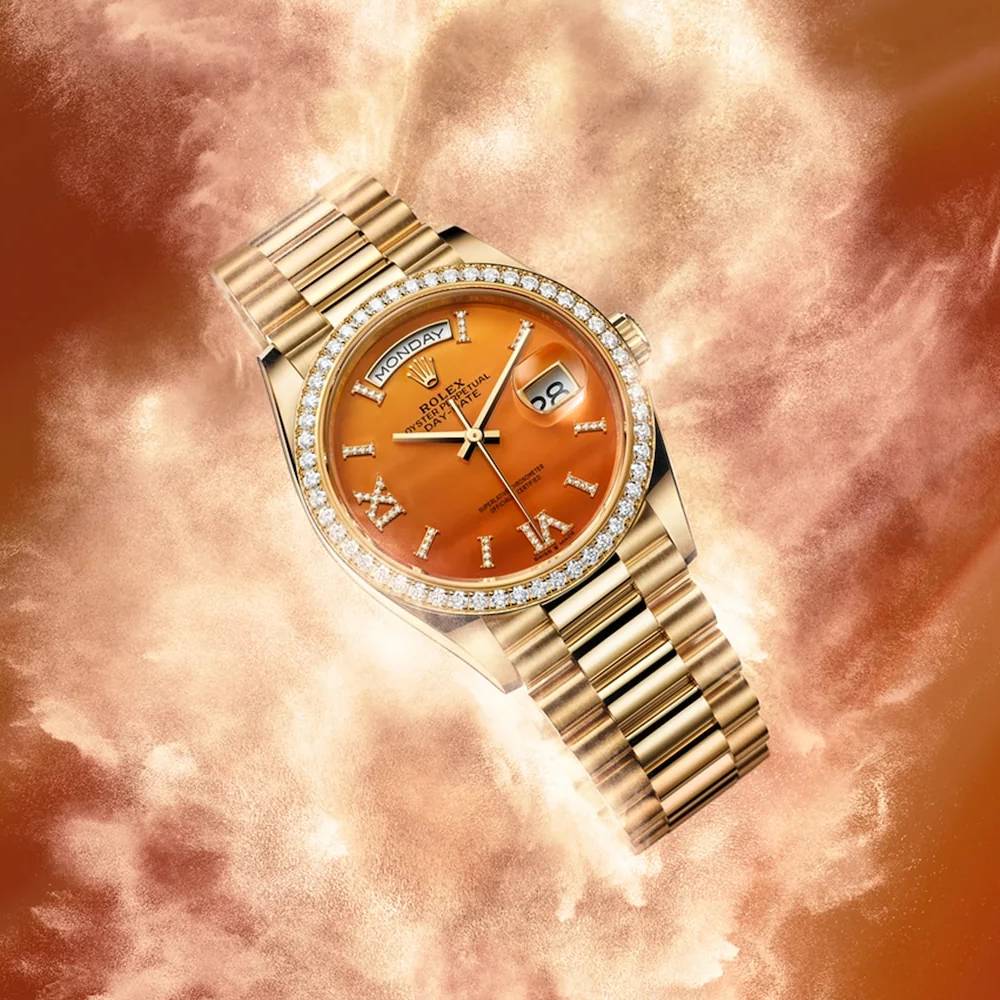 2024 Release Rolex Datejust 36mm - Ref: 128348rbr-0049 - Carnelian Orange Roman Diamond & Diamond Bezel, 18K Yellow Gold Presidential Bracelet Watch