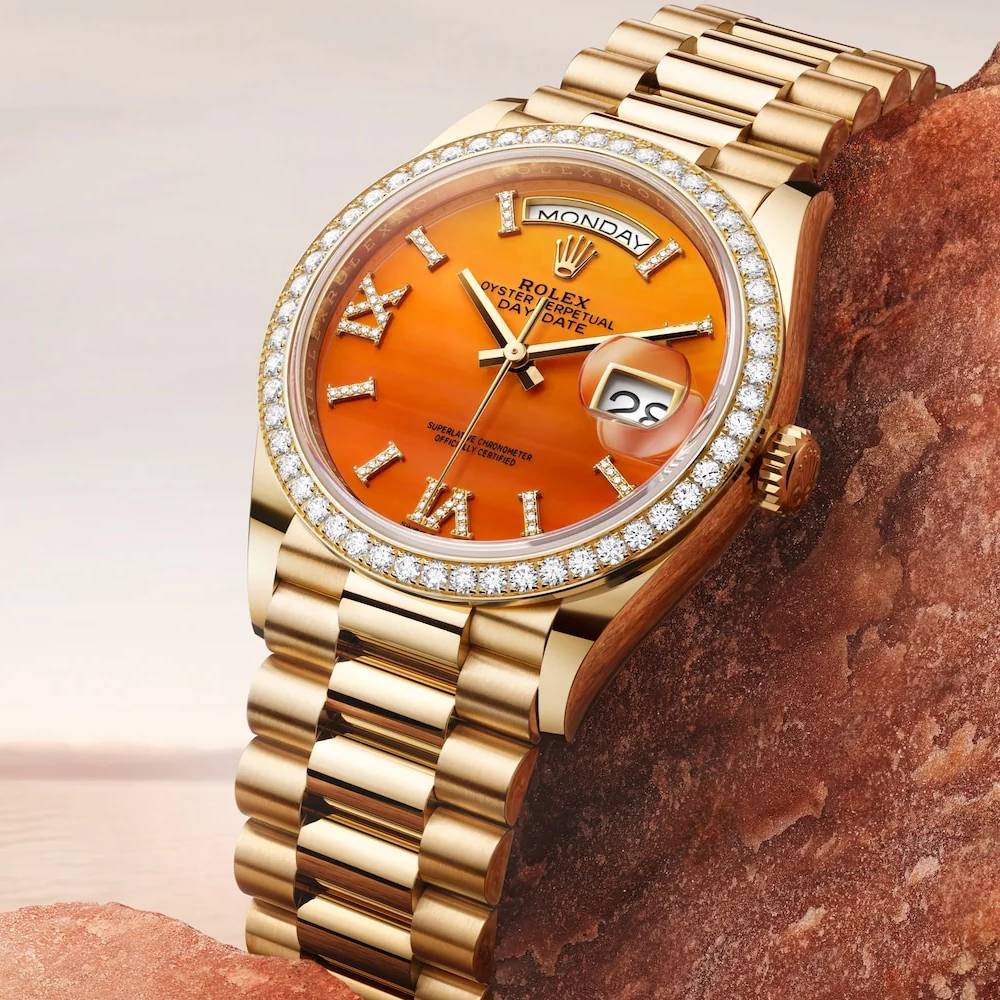 2024 Release Rolex Datejust 36mm - Ref: 128348rbr-0049 - Carnelian Orange Roman Diamond & Diamond Bezel, 18K Yellow Gold Presidential Bracelet Watch