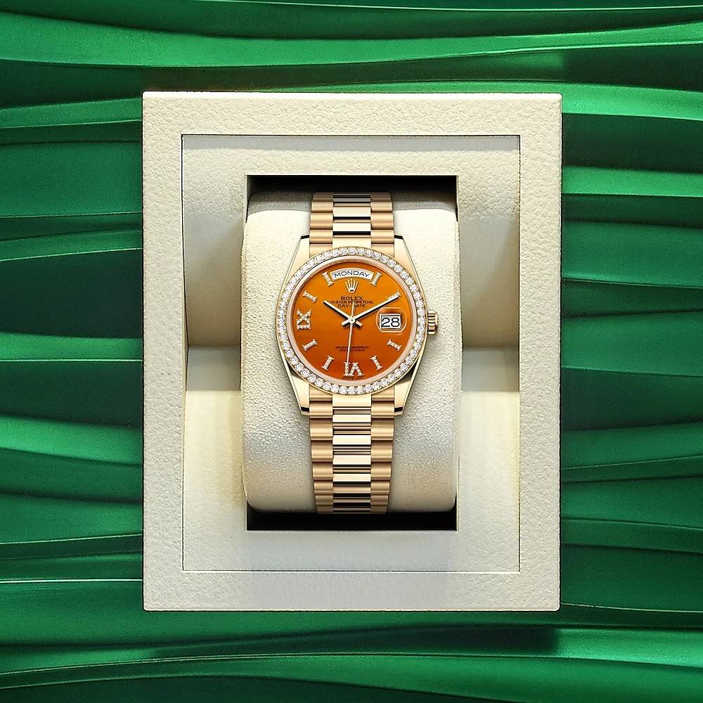 2024 Release Rolex Datejust 36mm - Ref: 128348rbr-0049 - Carnelian Orange Roman Diamond & Diamond Bezel, 18K Yellow Gold Presidential Bracelet Watch