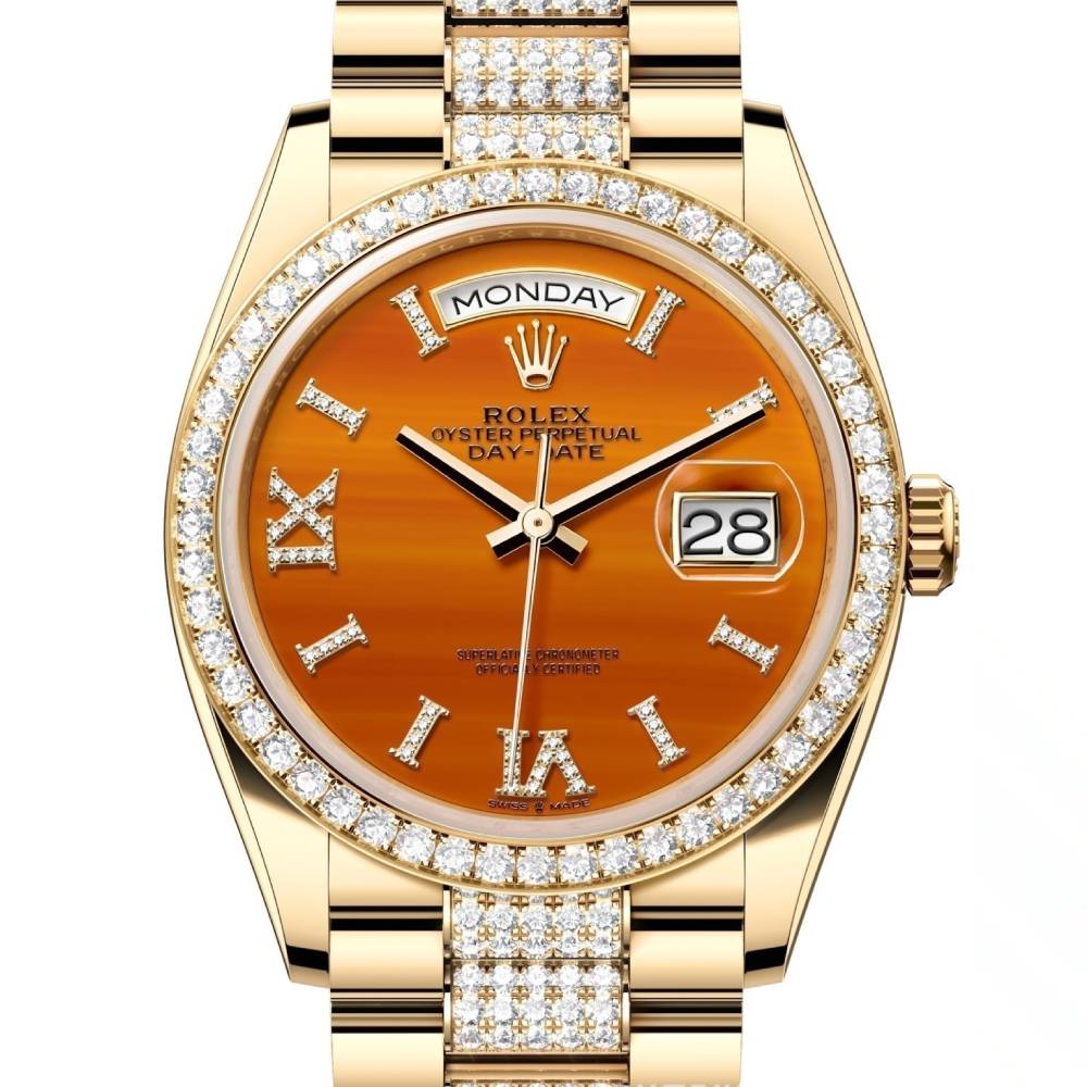 2024 Release Rolex Datejust 36mm - Ref: 128348rbr-0050 - Carnelian Orange Roman Diamond & Diamond Bezel, 18K Yellow Gold diamond Presidential Bracelet Watch