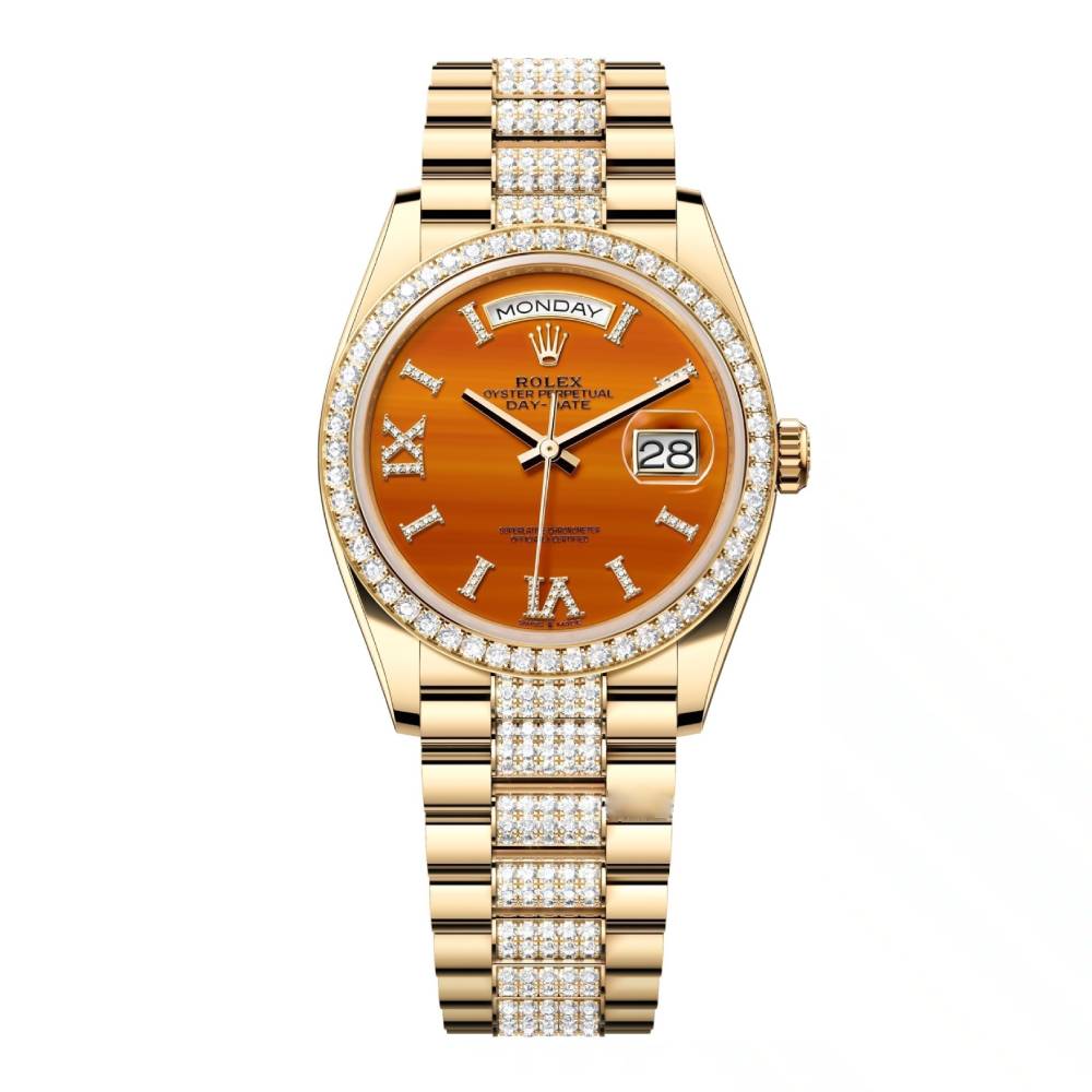 2024 Release Rolex Datejust 36mm - Ref: 128348rbr-0050 - Carnelian Orange Roman Diamond & Diamond Bezel, 18K Yellow Gold diamond Presidential Bracelet Watch