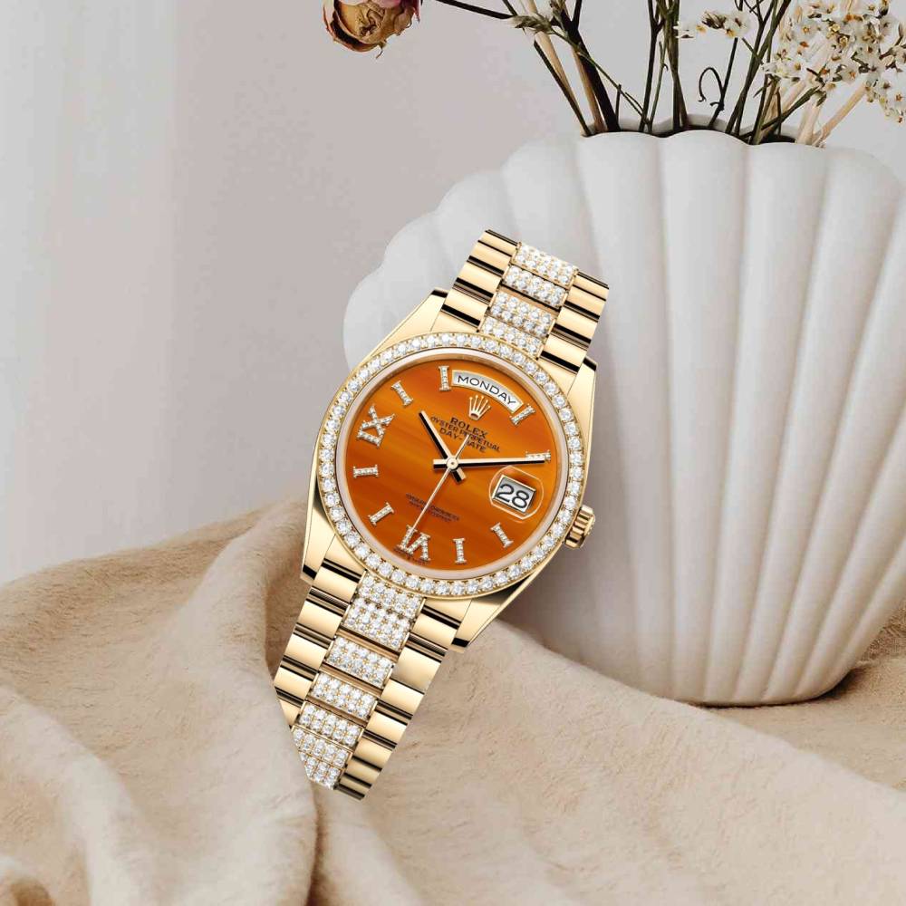 2024 Release Rolex Datejust 36mm - Ref: 128348rbr-0050 - Carnelian Orange Roman Diamond & Diamond Bezel, 18K Yellow Gold diamond Presidential Bracelet Watch