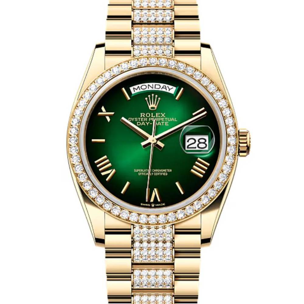 2024 Release Rolex Datejust 36mm - Ref: 128348rbr-0069 - Green Ombre Dial & Diamond Bezel, 18K Yellow Gold diamond Presidential Bracelet Watch