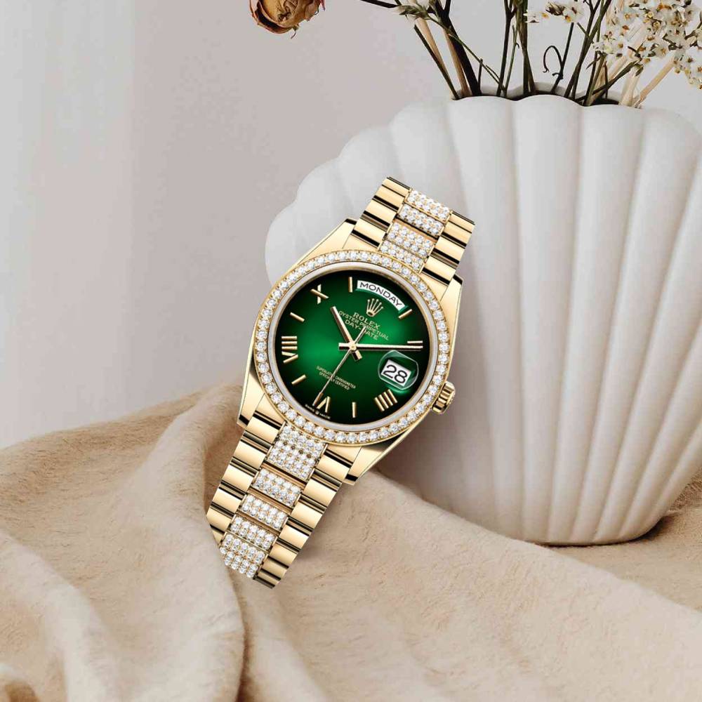 2024 Release Rolex Datejust 36mm - Ref: 128348rbr-0069 - Green Ombre Dial & Diamond Bezel, 18K Yellow Gold diamond Presidential Bracelet Watch