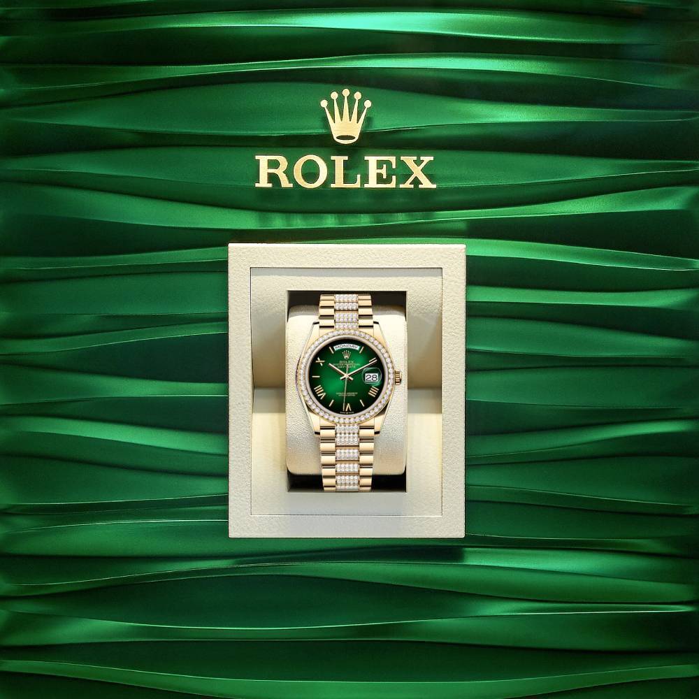 2024 Release Rolex Datejust 36mm - Ref: 128348rbr-0069 - Green Ombre Dial & Diamond Bezel, 18K Yellow Gold diamond Presidential Bracelet Watch