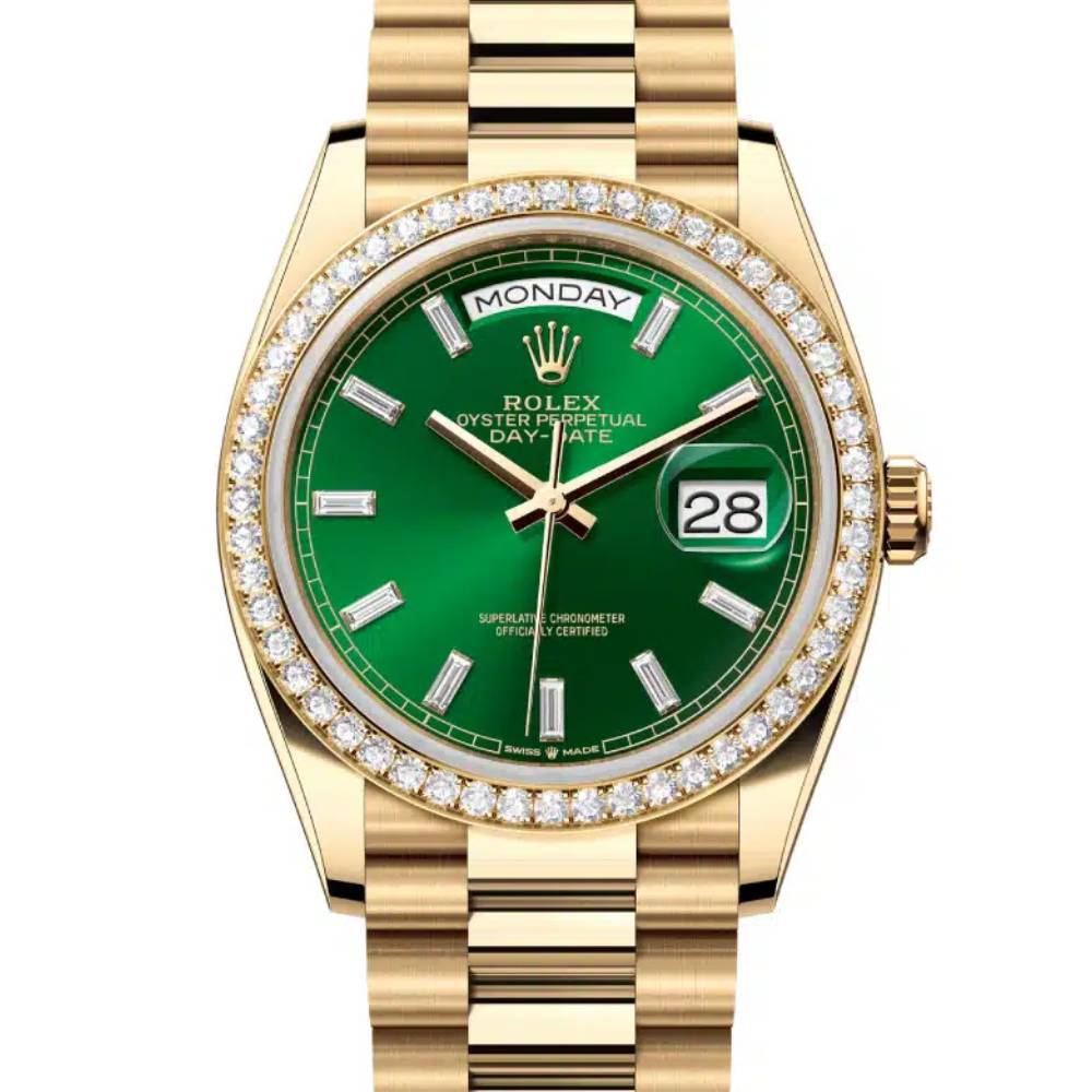 2024 Release Rolex Datejust 36mm - Ref: 128348rbr-0078 - Bright Green Diamond Dial & Diamond Bezel, 18K Yellow Gold Presidential Bracelet Watch