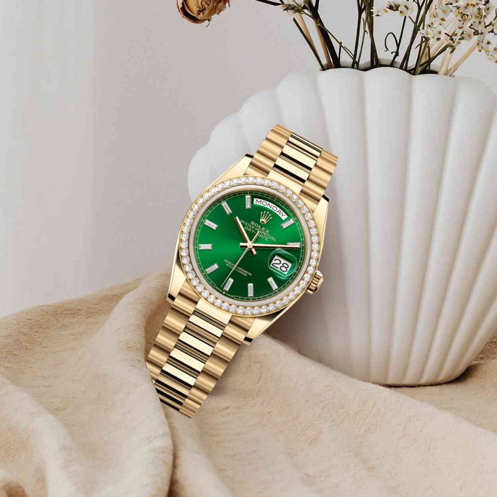 2024 Release Rolex Datejust 36mm - Ref: 128348rbr-0078 - Bright Green Diamond Dial & Diamond Bezel, 18K Yellow Gold Presidential Bracelet Watch