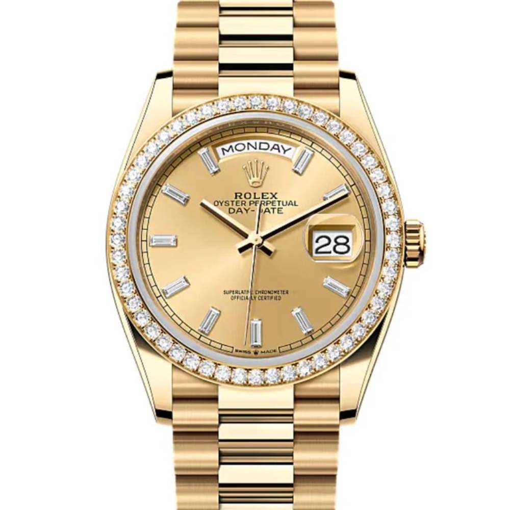 2024 Release Rolex Datejust 36mm - Ref: 128348rbr-0080 - Champagne Diamond Dial & Diamond Bezel, 18K Yellow Gold Diamond Presidential Bracelet Watch