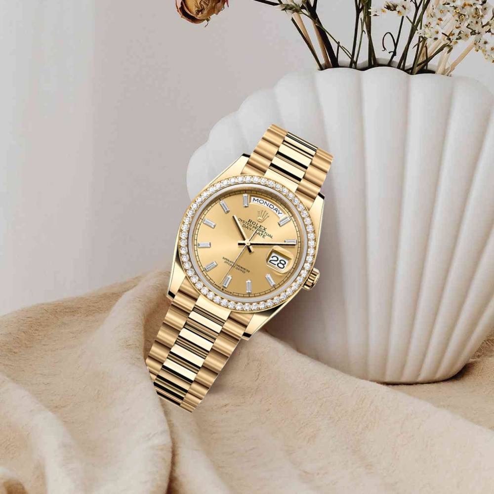 2024 Release Rolex Datejust 36mm - Ref: 128348rbr-0080 - Champagne Diamond Dial & Diamond Bezel, 18K Yellow Gold Diamond Presidential Bracelet Watch