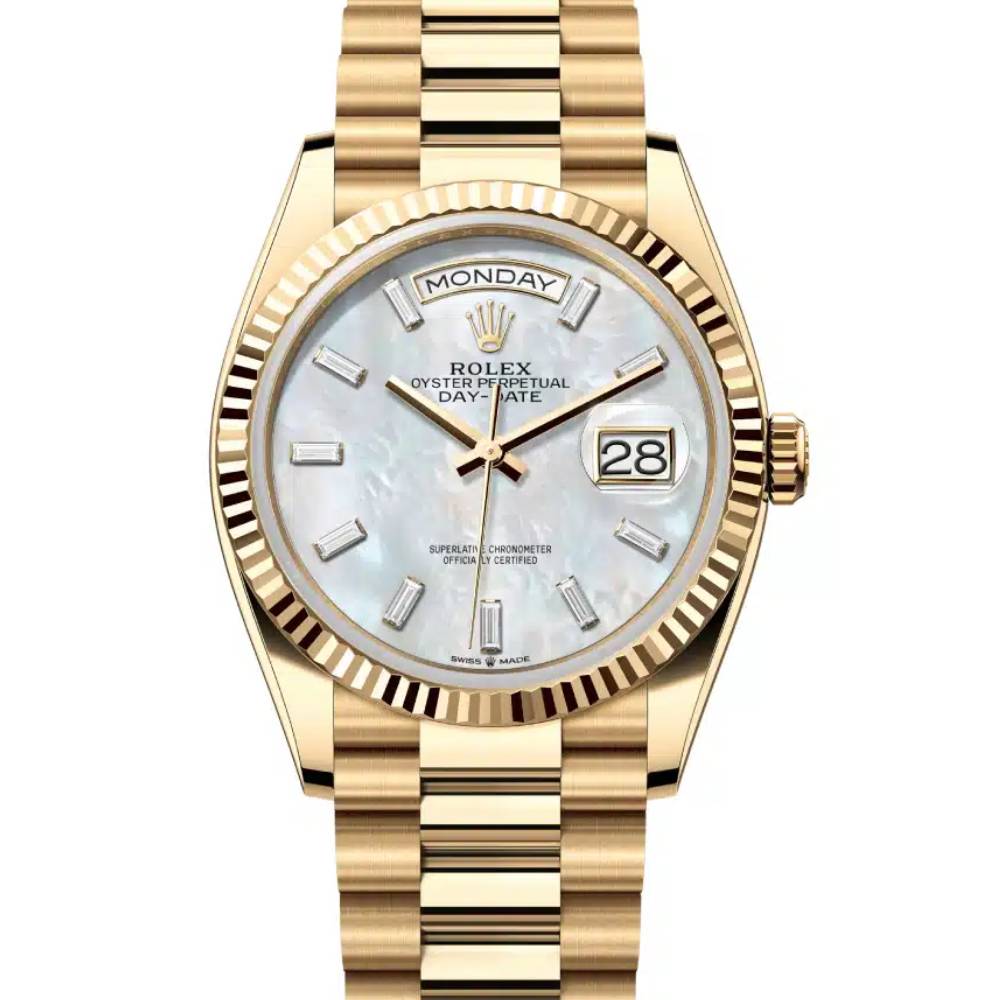 2024 Release Rolex Datejust 36mm - Ref: 128238-0123 - White Mother of Pearl Dial & Diamond Bezel, 18K Yellow Gold Presidential Bracelet Watch