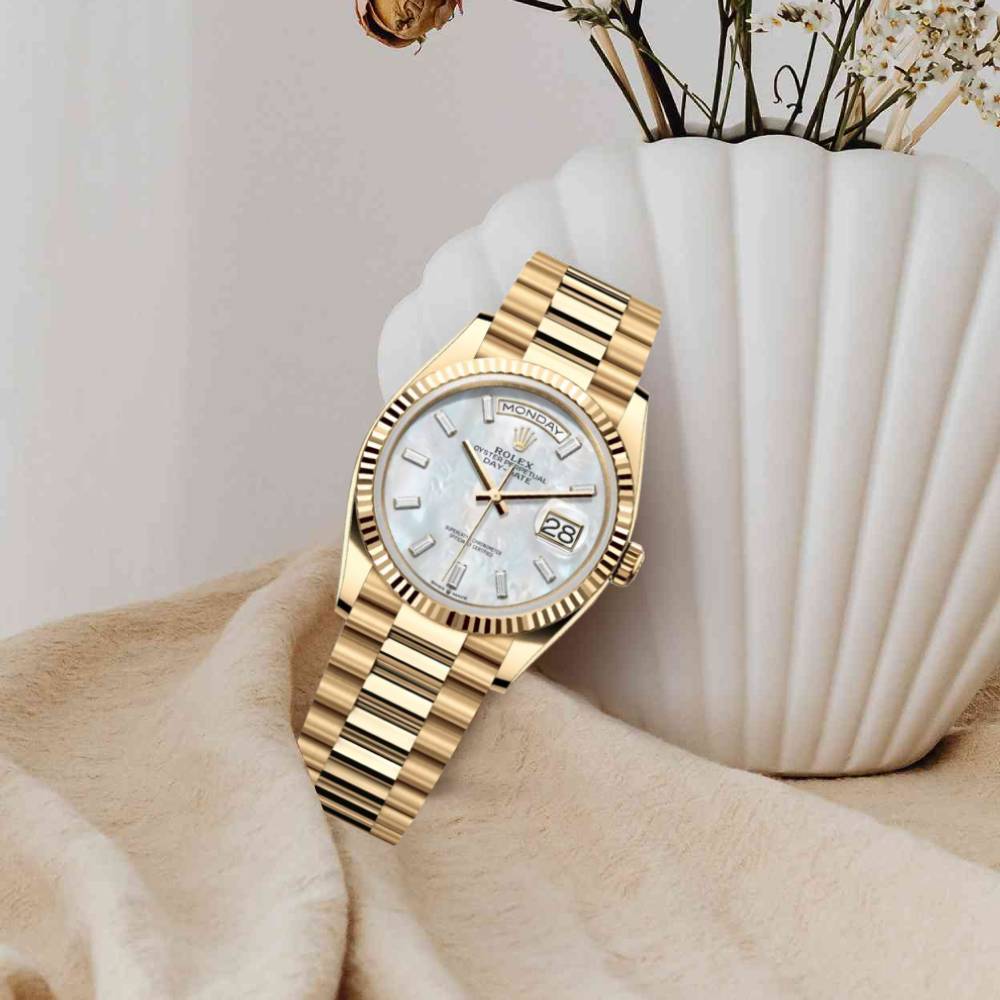 2024 Release Rolex Datejust 36mm - Ref: 128238-0123 - White Mother of Pearl Dial & Diamond Bezel, 18K Yellow Gold Presidential Bracelet Watch