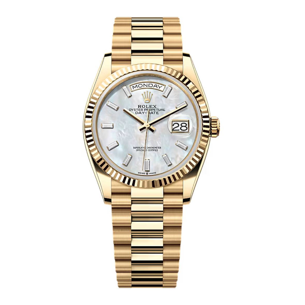 2024 Release Rolex Day-Date 36 mm | 18k yellow gold President bracelet | White mother-of-pearl dial Fluted bezel | Men's Watch 128238-0123