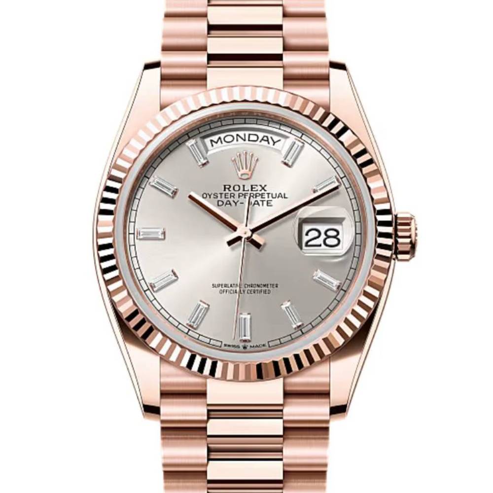 2024 Release Rolex Day-Date 36 mm | 18k Everose gold President bracelet | Silver Diamond dial Fluted bezel | Men's Watch 128235