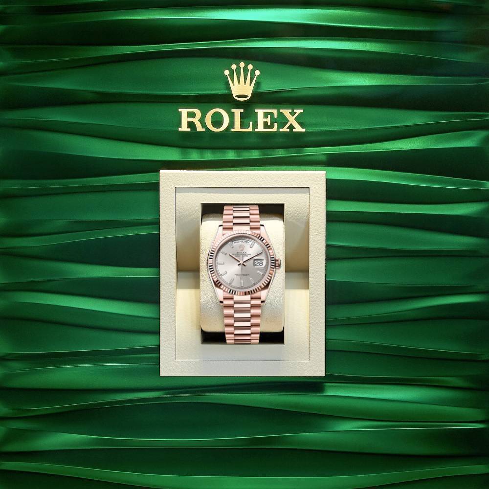 2024 Release Rolex Day-Date 36 mm | 18k Everose gold President bracelet | Silver Diamond dial Fluted bezel | Men's Watch 128235