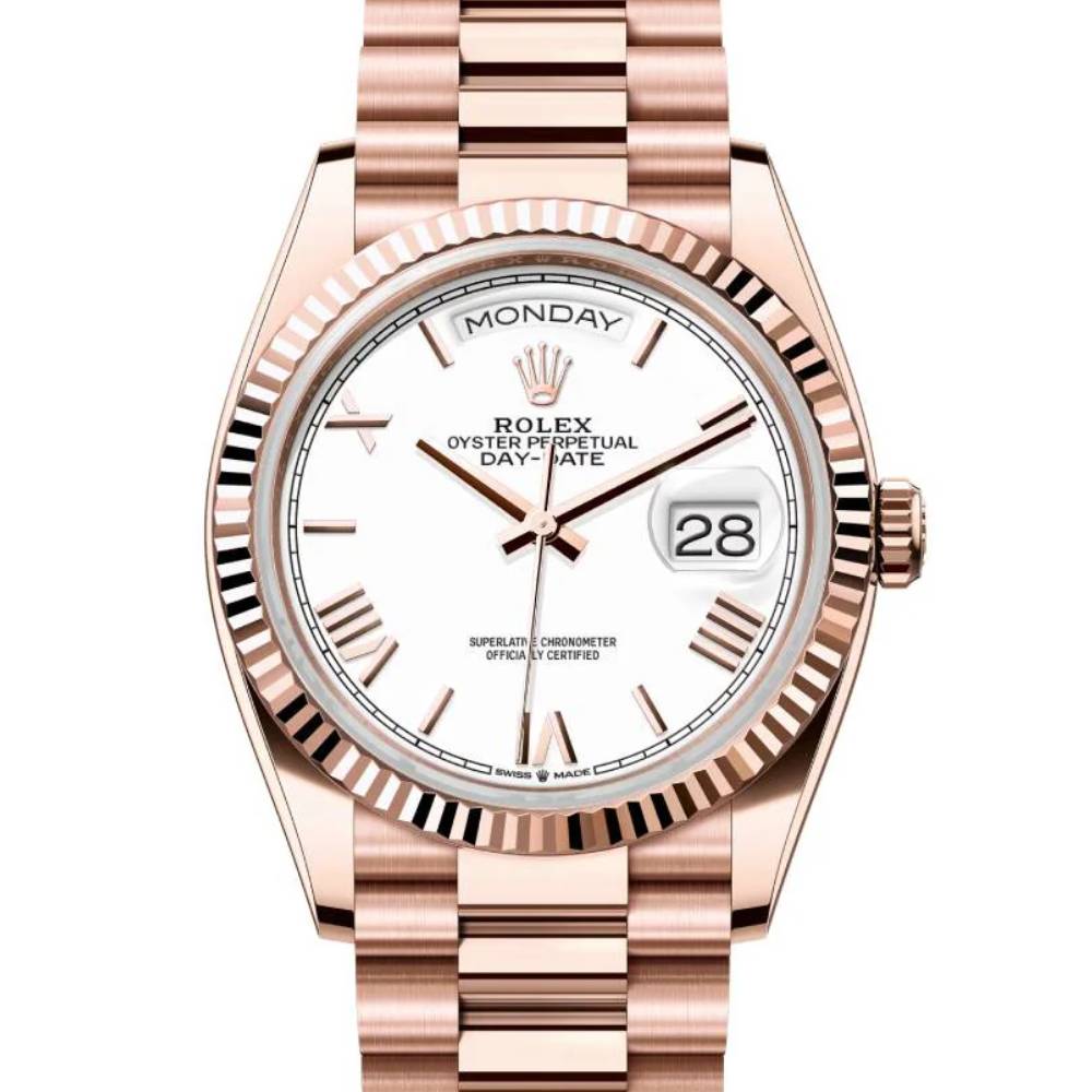 2024 Release Rolex Day-Date 36 mm | 18k Everose gold President bracelet | White dial Fluted bezel | Men's Watch 128235