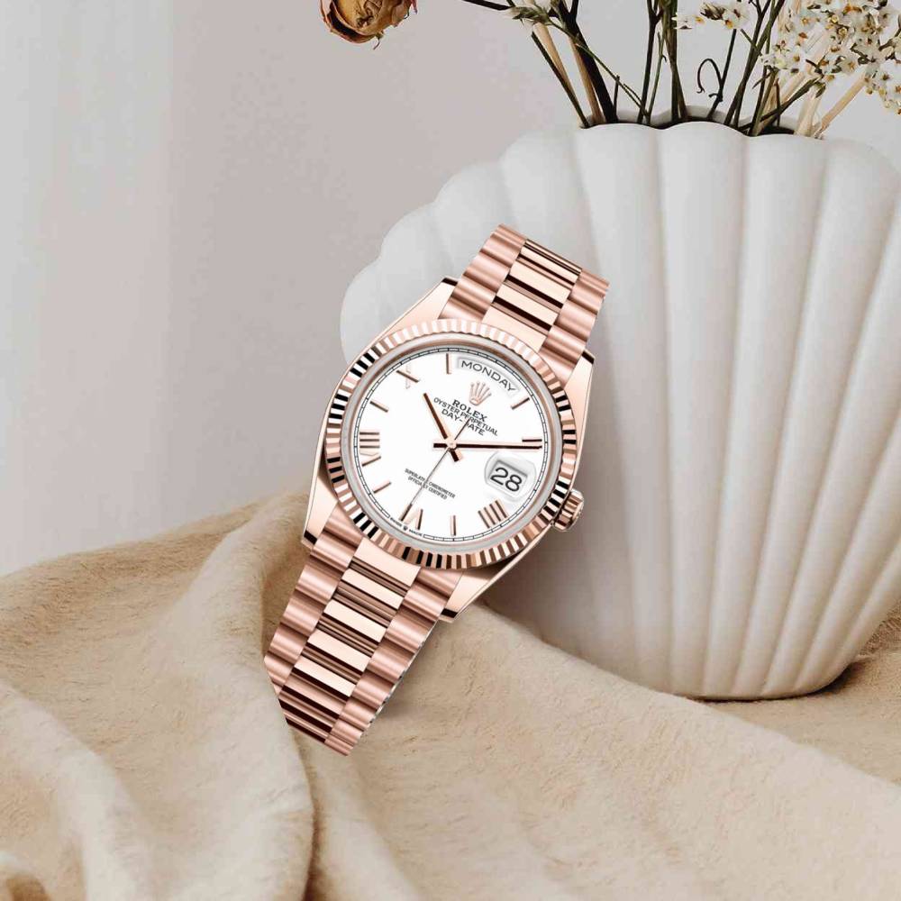 2024 Release Rolex Day-Date 36 mm | 18k Everose gold President bracelet | White dial Fluted bezel | Men's Watch 128235