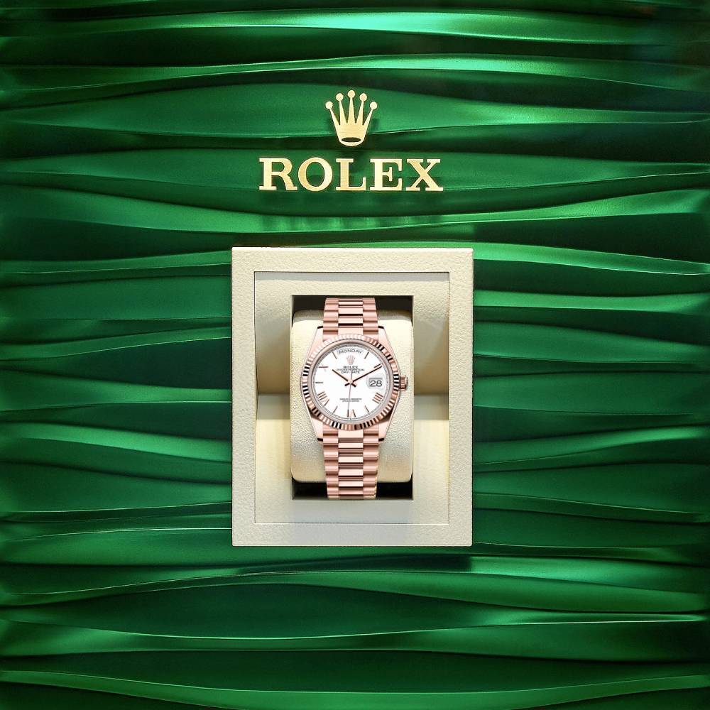 2024 Release Rolex Day-Date 36 mm | 18k Everose gold President bracelet | White dial Fluted bezel | Men's Watch 128235