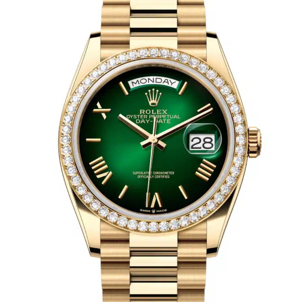 2024 Release Rolex Datejust 36mm - Ref: 128348rbr-0068 - Green Ombre Dial & Diamond Bezel, 18K Yellow Gold Presidential Bracelet Watch