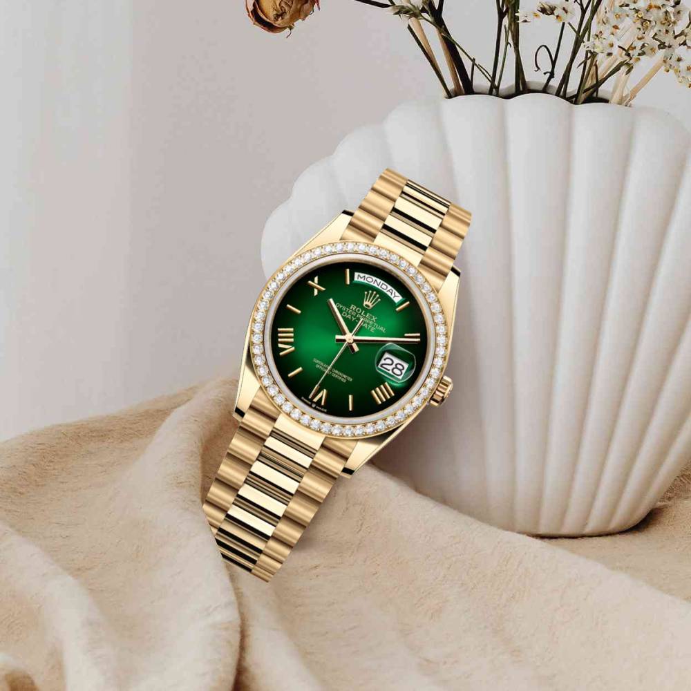 2024 Release Rolex Datejust 36mm - Ref: 128348rbr-0068 - Green Ombre Dial & Diamond Bezel, 18K Yellow Gold Presidential Bracelet Watch