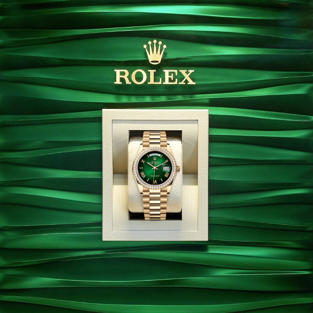 2024 Release Rolex Datejust 36mm - Ref: 128348rbr-0068 - Green Ombre Dial & Diamond Bezel, 18K Yellow Gold Presidential Bracelet Watch