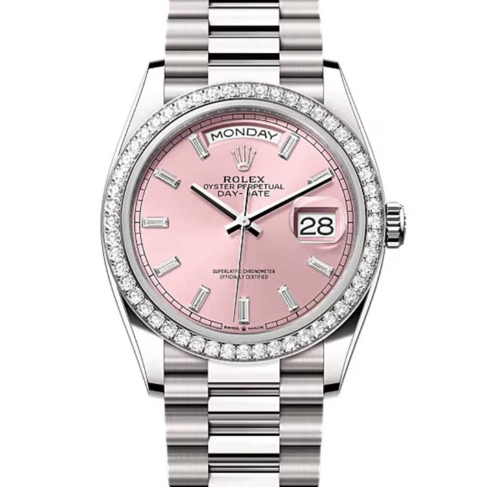 2024 Release Rolex Day-Date 36 mm | 18k white gold President bracelet | Pink Diamond dial Diamond bezel | Men's Watch 128349RBR