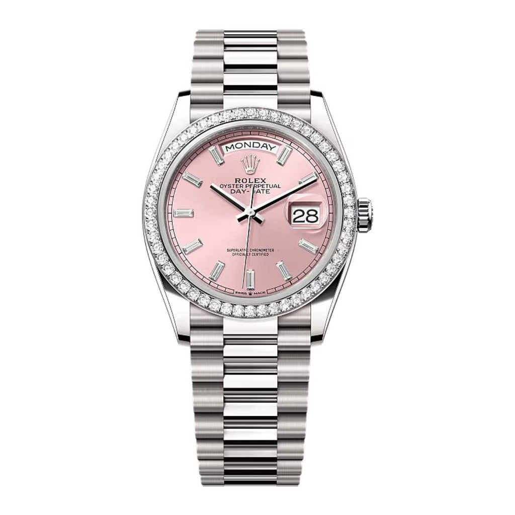 2024 Release Rolex Day-Date 36 mm | 18k white gold President bracelet | Pink Diamond dial Diamond bezel | Men's Watch 128349RBR