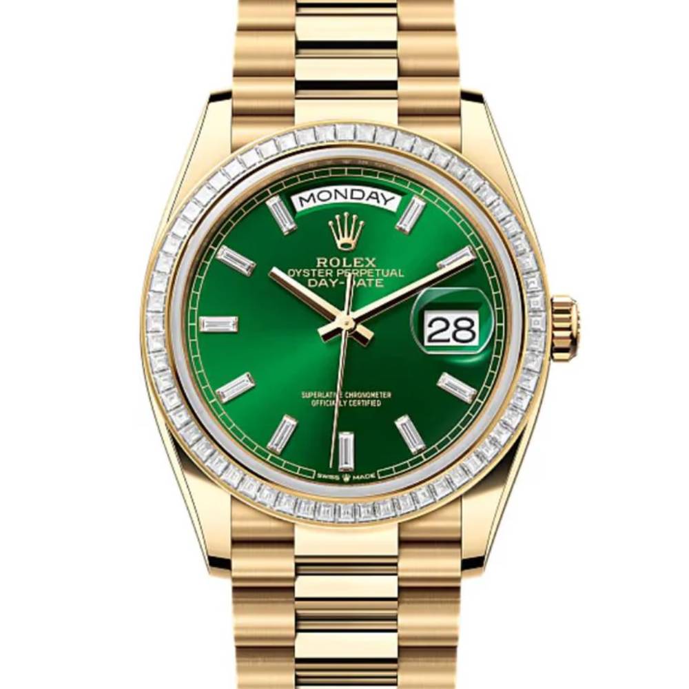 2024 Release Rolex Day-Date 36 mm | 18k yellow gold President bracelet | Bright green dial Diamond bezel | Men's Watch 128398TBR