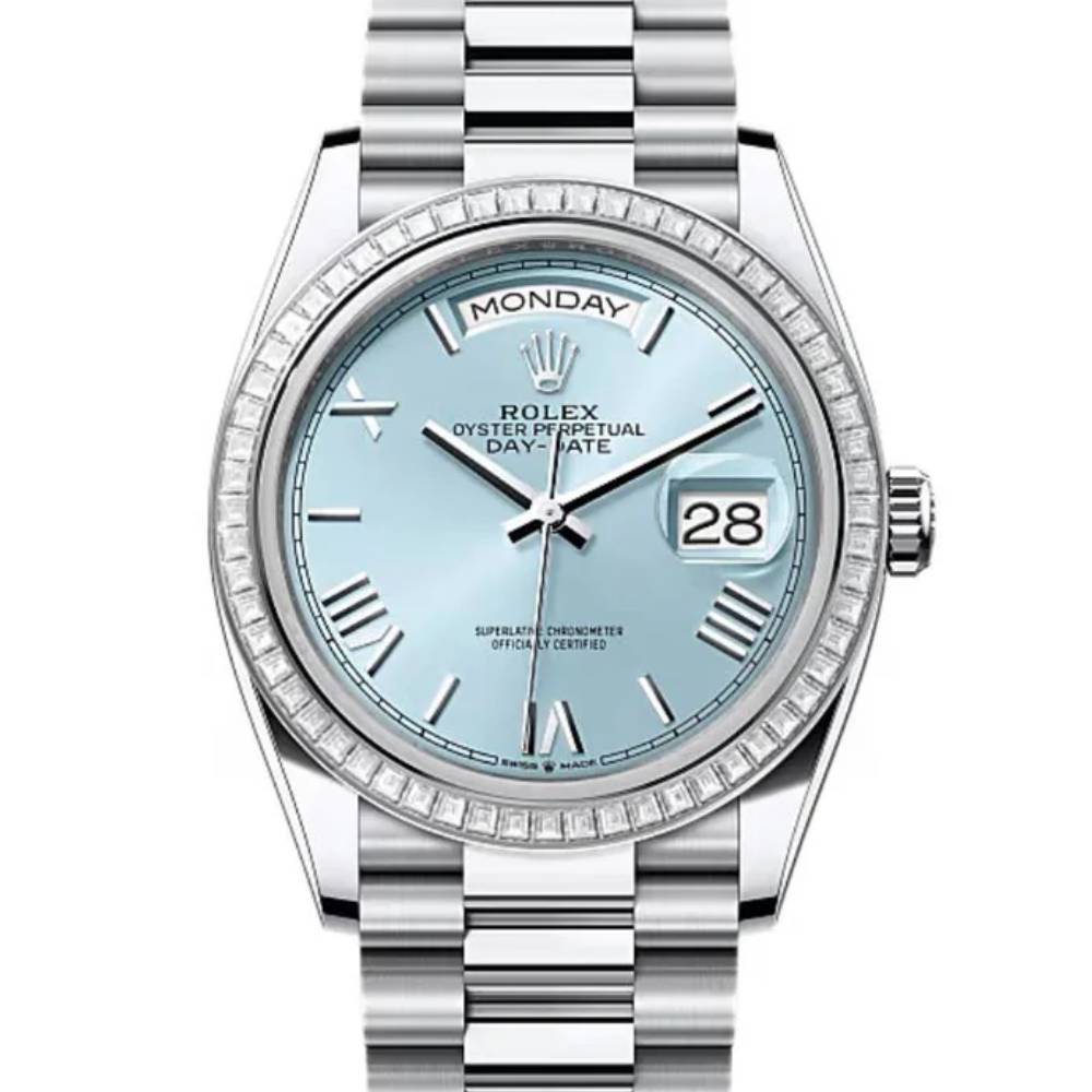 2024 Release Rolex Day-Date 36 mm | Platinum President bracelet | Ice blue dial Diamond bezel | Men's Watch 128396TBR
