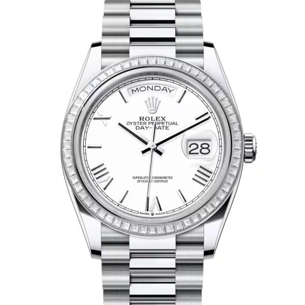 2024 Release Rolex Day-Date 36 mm | Platinum President bracelet | White dial Diamond bezel | Men's Watch 128396TBR