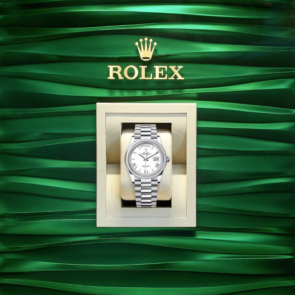 2024 Release Rolex Day-Date 36 mm | Platinum President bracelet | White dial Diamond bezel | Men's Watch 128396TBR