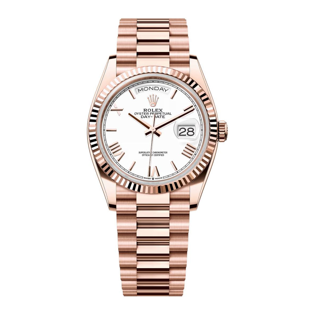 2024 Release Rolex Day-Date 36 mm | 18k Everose gold President bracelet | White dial Fluted bezel | Men's Watch 128235