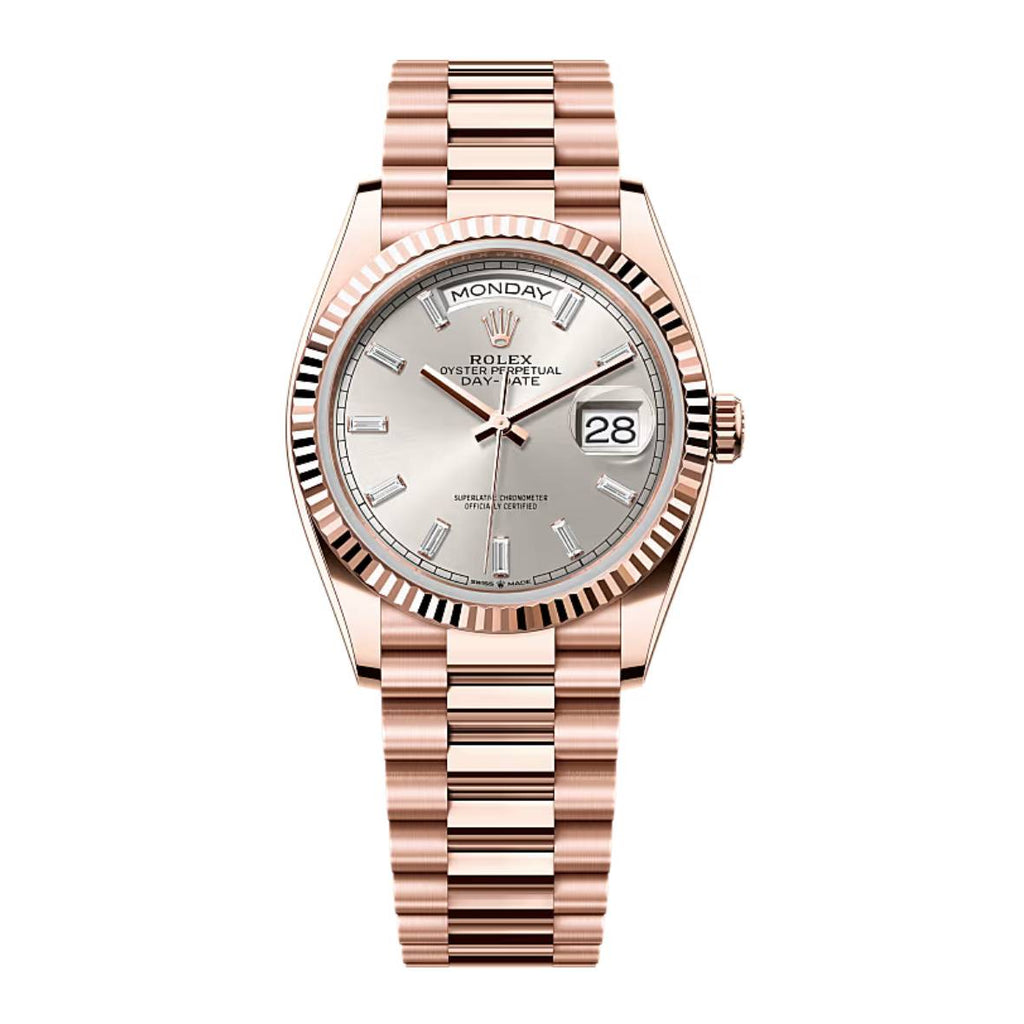 2024 Release Rolex Day-Date 36 mm | 18k Everose gold President bracelet | Silver Diamond dial Fluted bezel | Men's Watch 128235