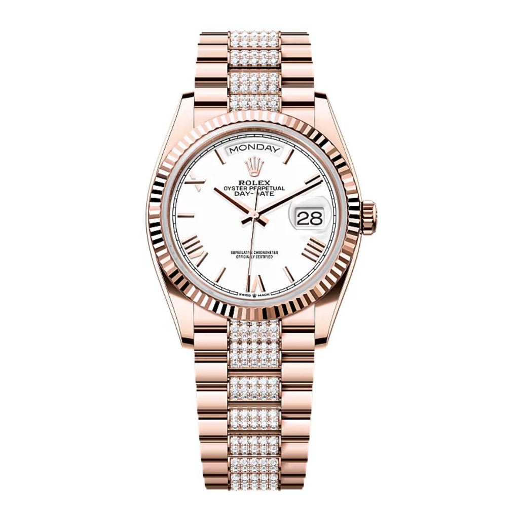 2024 Release Rolex Day-Date 36 mm | 18k Everose gold President Diamond bracelet | White dial Fluted bezel | Men's Watch 128235