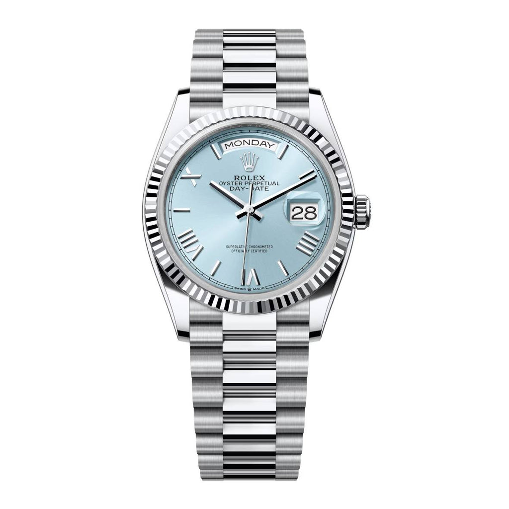 2024 Release Rolex Day-Date 36 mm | Platinum President bracelet | Ice blue dial Fluted bezel | Men's Watch 128236