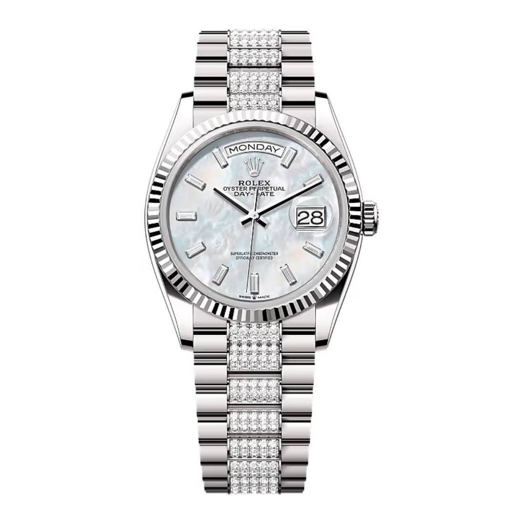 2024 Release Rolex Day-Date 36 mm | 18k white gold President Diamond bracelet | White mother-of-pearl dial Fluted bezel | Men's Watch 128239-0066