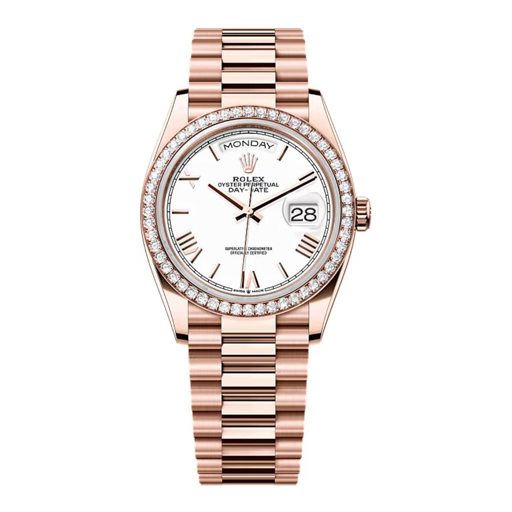 2024 Release Rolex Day-Date 36 mm | 18k Everose gold President bracelet | White dial Diamond bezel | Men's Watch 128345RBR