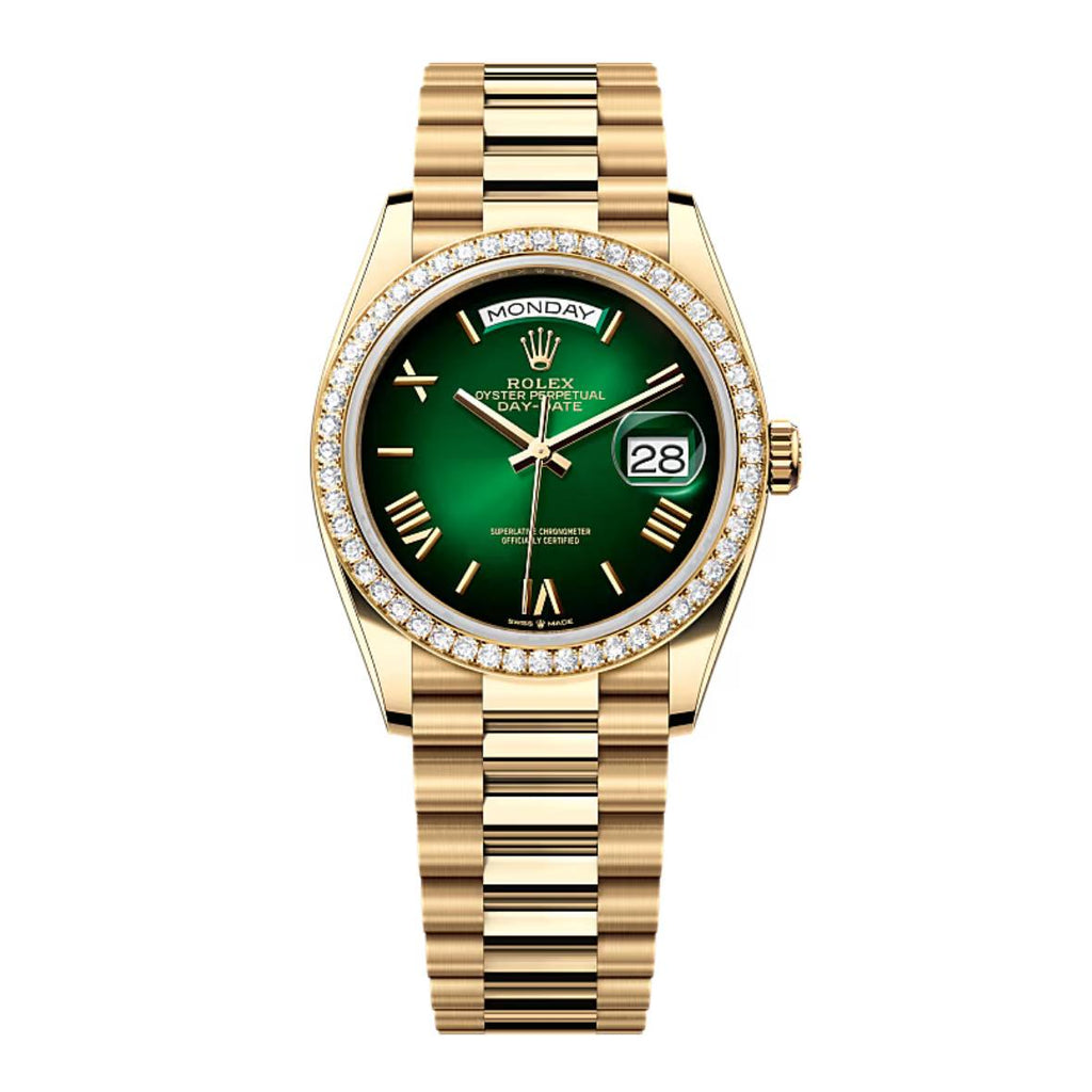 2024 Release Rolex Day-Date 36 mm | 18k yellow gold President bracelet | Green ombré dial Diamond bezel | Men's Watch 128348RBR