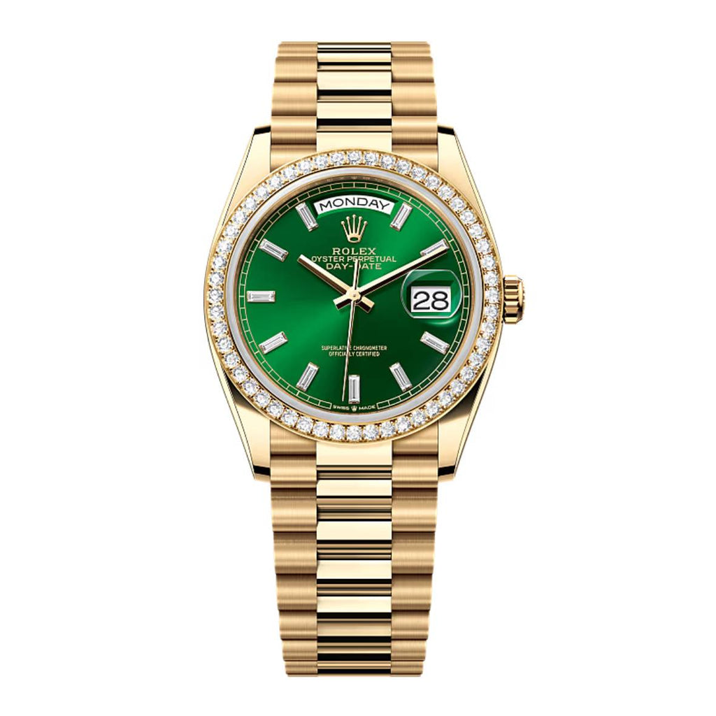 2024 Release Rolex Day-Date 36 mm | 18k yellow gold President bracelet | Bright green Diamond dial Diamond bezel | Men's Watch 128348RBR