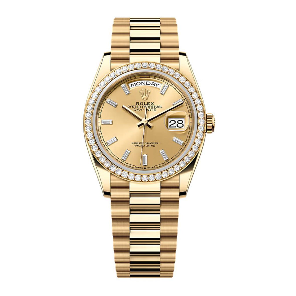 2024 Release Rolex Day-Date 36 mm | 18k yellow gold President bracelet | Champagne dial Diamond bezel | Men's Watch 128348RBR