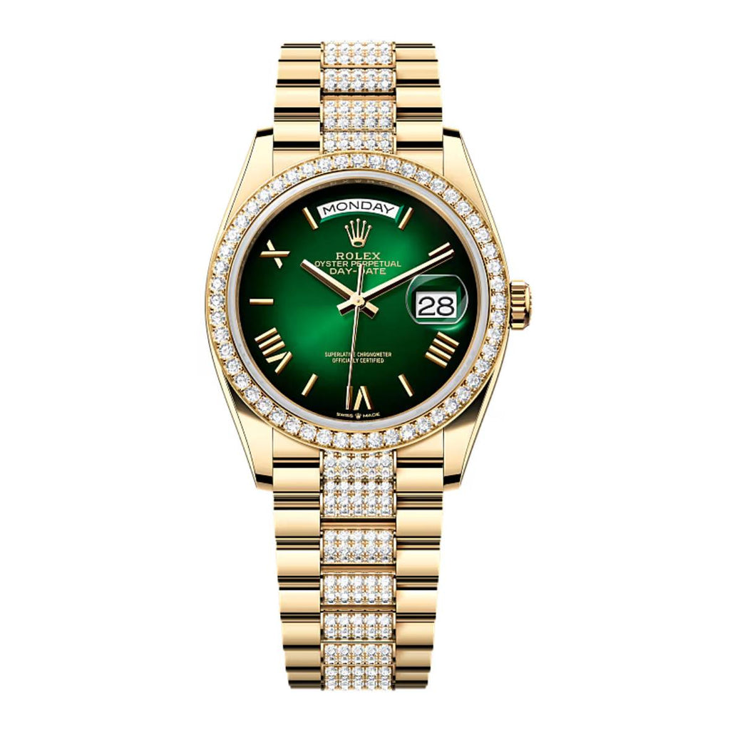 2024 Release Rolex Day-Date 36 mm | 18k yellow gold President Diamond bracelet | Green ombré dial Diamond bezel | Men's Watch 128348RBR