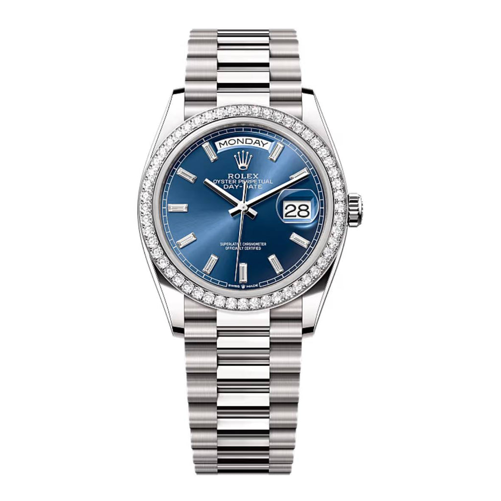 2024 Release Rolex Day-Date 36 mm | 18k white gold President bracelet | Bright blue Diamond dial Diamond bezel | Men's Watch 128349RBR