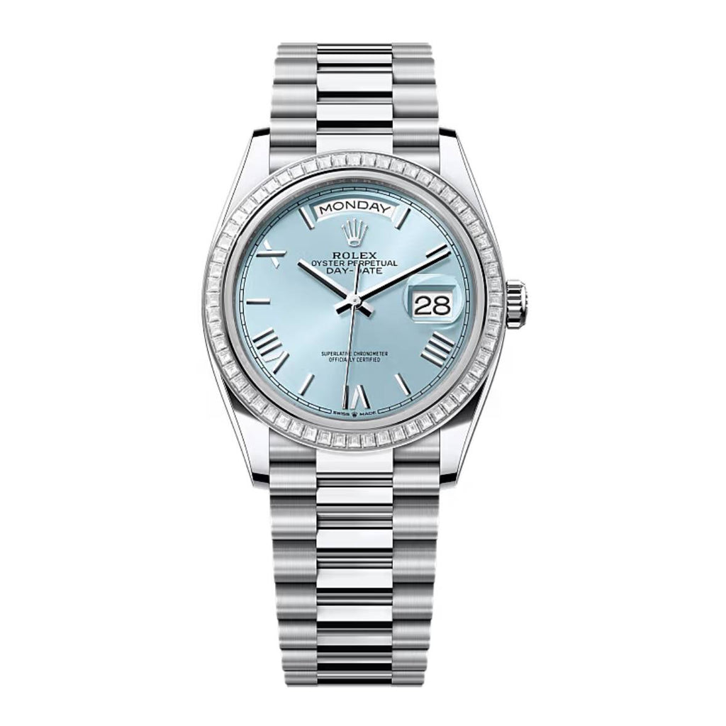 2024 Release Rolex Day-Date 36 mm | Platinum President bracelet | Ice blue dial Diamond bezel | Men's Watch 128396TBR