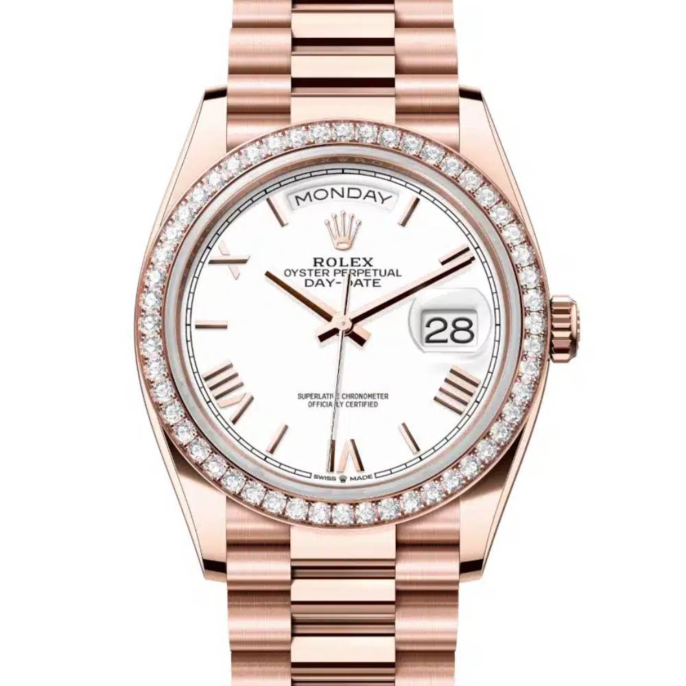 2024 Release Rolex Day-Date 36 mm | 18k Everose gold President bracelet | White dial Diamond bezel | Men's Watch 128345RBR