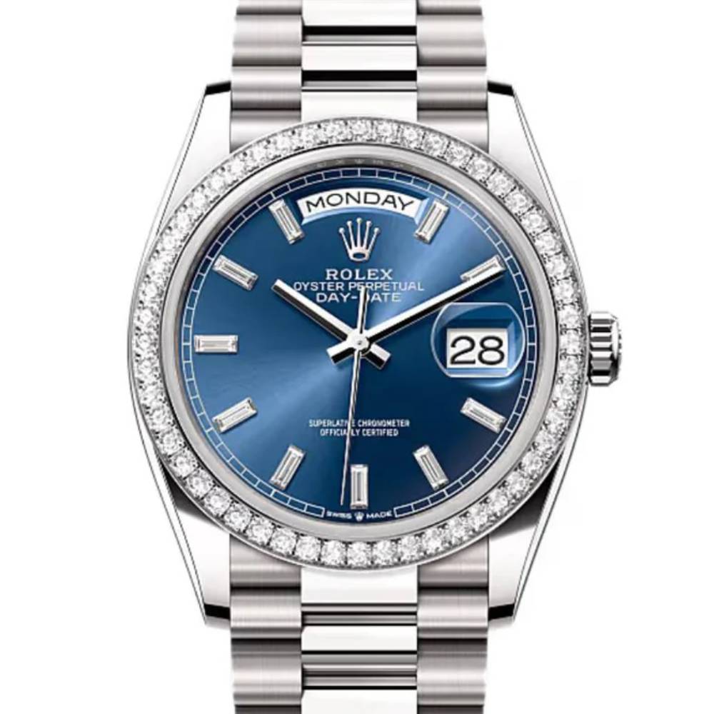 2024 Release Rolex Day-Date 36 mm | 18k white gold President bracelet | Bright blue Diamond dial Diamond bezel | Men's Watch 128349RBR