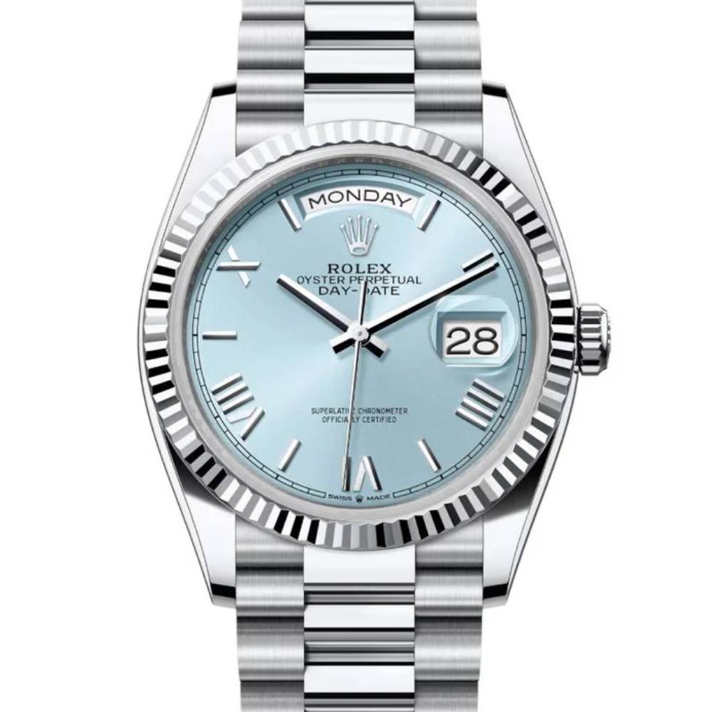 2024 Release Rolex Day-Date 36 mm | Platinum President bracelet | Ice blue dial Fluted bezel | Men's Watch 128236