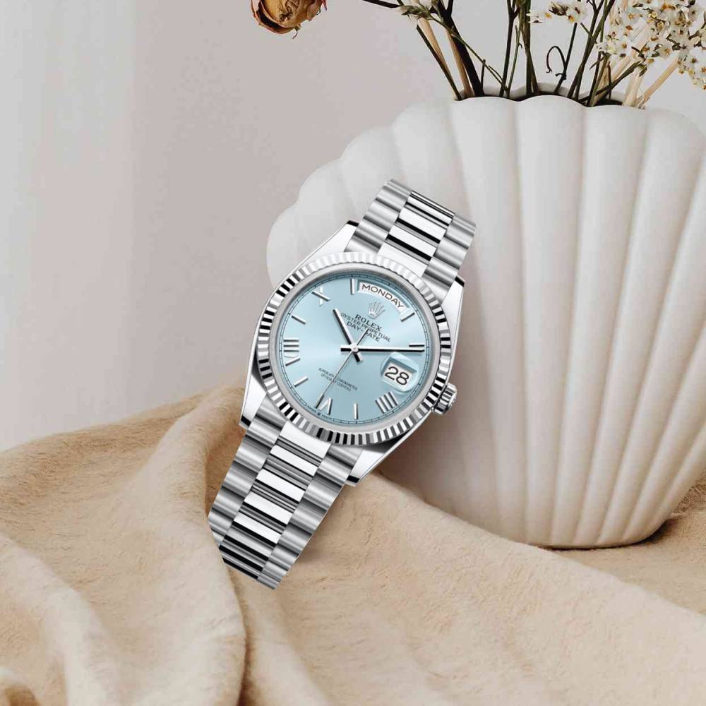 2024 Release Rolex Day-Date 36 mm | Platinum President bracelet | Ice blue dial Fluted bezel | Men's Watch 128236